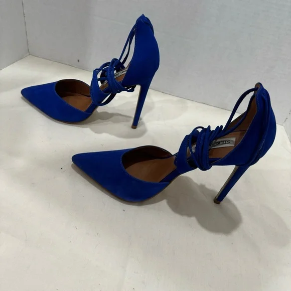STEVE MADDEN Raela Cobalt Blue Suede Leather Closed Toe Lace Up Heels Size 7.5 - Picture 5 of 9